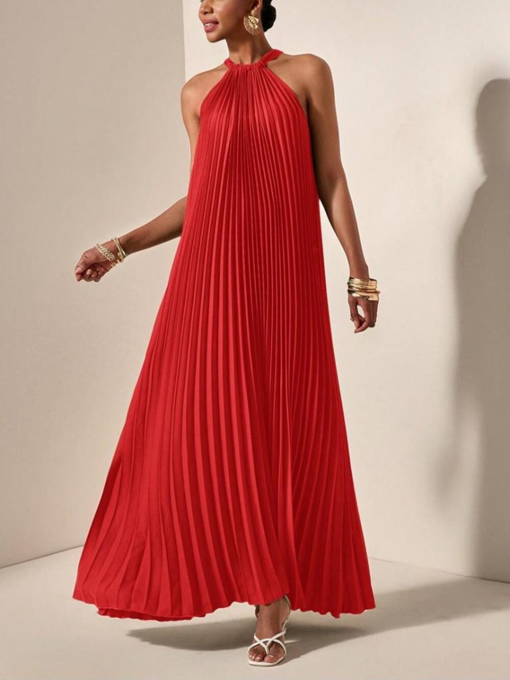 NEW Red Pleated Halter Maxi Dress Elegant Flowy Vacation Gown